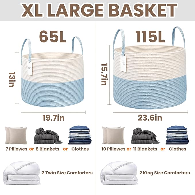 65L Extra Large Blanket Basket for Living Room - Woven Cotton Rope Laundry Hamper with Reinforced Handles - Storage Bin for Pillows, Comforters & Toys - Machine Washable,White&Blue