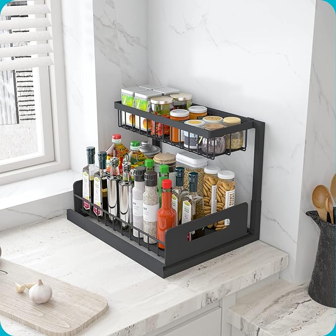 REALINN Under Sink Organizer, Pull Out Cabinet Organizer Slide Out Sink Shelf Cabinet Storage Shelves, Storages for Kitchen Bathroom, Black, 2 Pack