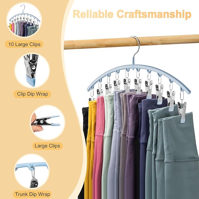 Legging Organizer for Closet, Metal Yoga Pants Hanger w/Rubber Coated 2 Pack w/10 Clips Hold 20 Leggings, Hangers Space Saving Hanging Closet Organizer for Closet Organizers and Storage, Blue