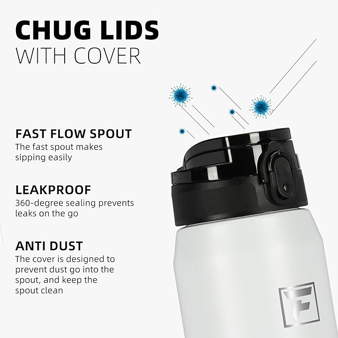 Fanhaw 24 oz Insulated Stainless Steel Water Bottle with Anti-Dust Chug Lid, Leakproof Vacuum Metal Bottle for Kids, Women & Men (White Black)