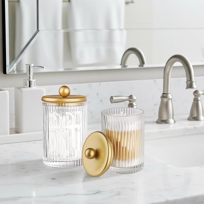 SheeChung 4-Pack Gold Ribbed Glass Qtip Holder - Apothecary Jars Bathroom Organizer Set with Lids - Vanity Storage Canisters for Cotton Balls, Pads, Swabs, Floss Picks - Modern Farmhouse