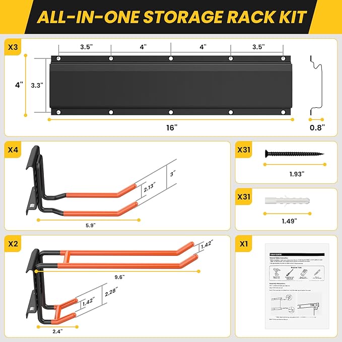 Garage Storage Organization Wall Mount, Garden Tool Organizer 48 Inches, Adjustable Heavy Duty Metal Hooks, Yard Tool Organizer Hold Up to 450lbs, Hanging Rake Broom Mop Snowboard (48 inch)