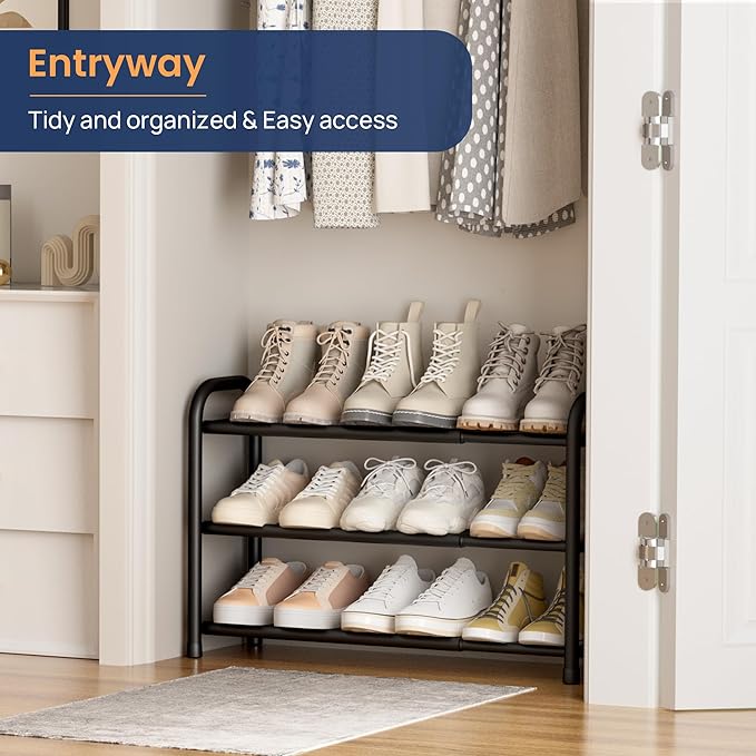 ENJOYBASICS Expandable Shoe Rack, 3 Tier Adjustable Shoe Organizer Shelf for Closet, Black Metal Free Standing Shoe Rack Storage for Small Space, Entryway | Adjustable, for Closet, Shoe Rack Storage, for Small Space, Entryway