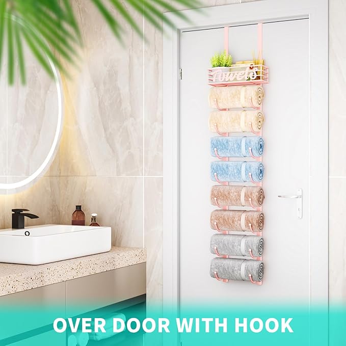 HapiRm Towel Racks for Bathroom Storage - 9 Tier Over The Door & Wall Mount Rolled Towel Storage Organizer Holder with Metal Shelf Basket for Small Bathroom, Camper, Rv - Pink, Patented