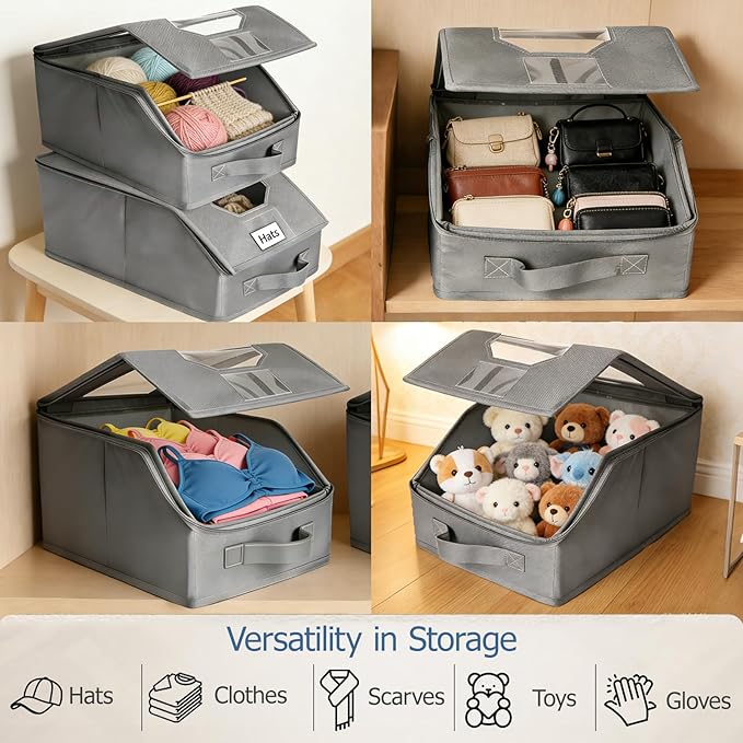2 Pcs Stackable Baseball Cap Organizer, Washable Foldable Odorless Oxford Cloth with Smooth Durable Metal Zipper, Clear Window Holds 24 Caps, Hat Box for Closet/Home (Grey, Large 15.8×8.7×6.7 inches)