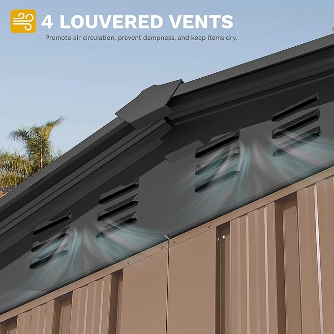 DWVO 8x6FT Outdoor Storage Shelter, Roomy Steel Tool Shed with Secure Entrances & Air Circulation for Patio, Lawn, and Backyard, Ideal for Storing Garden Gear, Lawn Tools, and Bikes, Brown