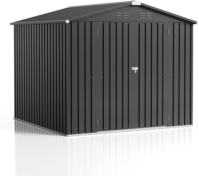 JUMMICO 8x8 FT Outdoor Storage Shed, Heavy Duty Tool Metal Sheds with Lockable Doors and Updated Frame Structure for Backyard Patio Lawn, Black