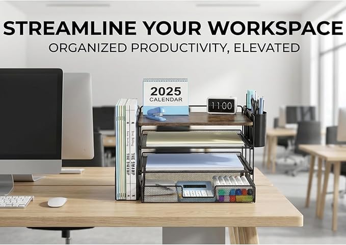 OPNICE Desk Organizers and Accessories, 4-Tier Desktop File Organizer with Drawer and 2 Pen Holders, Office Desk Accessories Workspace Organizers for Office Supplies(Wood)