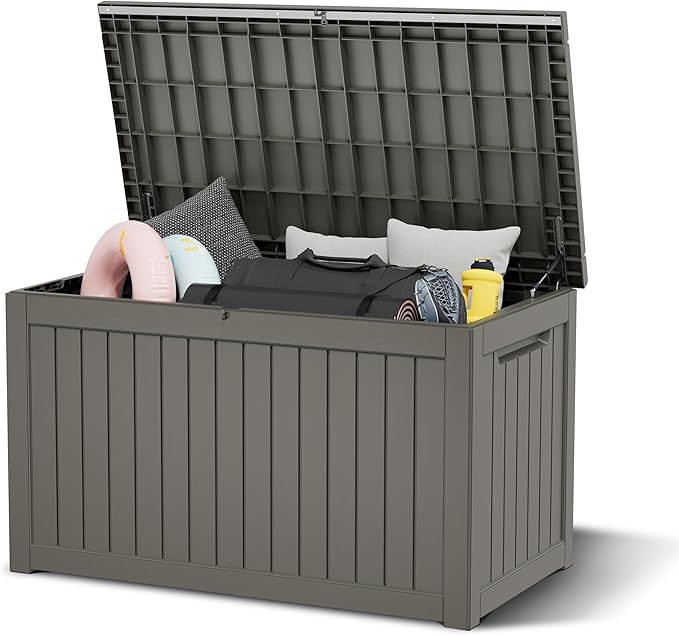240 Gallon Outdoor Storage Box, Resin Deck Boxes Outdoor Waterproof For Patio Furniture, Garden Tools, Pool Supplies, Lockable And UV Resistant (Striped Gray)