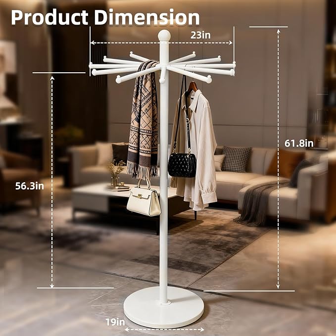 23-Inch Heavy-Duty Metal Rotating Rack - 12-Arm Freestanding Organizer with Wheels & Adjustable Pad Base for Scarf, Bag & Fabric - Ideal for Boutique, Retail & Home, White