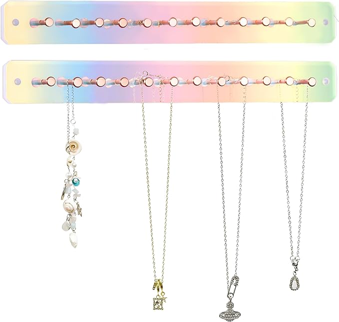 2 Sets Iridescent wall necklace holder Acrylic hanging jewelry organizer Wall mounted with Adhesive stickers and Screws for Girl Women Necklaces Bracelets Rings and Jewelry Storage Display