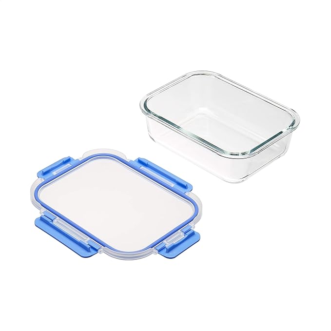 Amazon Basics Glass Food Storage Containers, Leak Proof, Oven Safe, Easy to Clean, Stain Resistant, Set of 7, 14 Pieces Including Lids, BPA-Free, Clear with Blue Silicone Ring