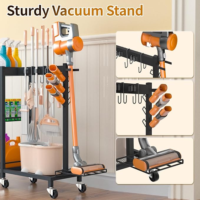 Broom Holder with Cleaning Supplies Organizer Load 350 LBS Cleaning Cart with Wheels Broom Closet Storage with 3-Tier Shelves, 6 Mop Hanger Grippers, 3 Double-Hooks, Vacuum Stand for Laundry Garage