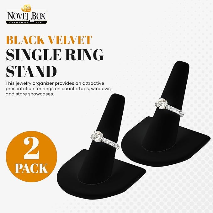 Novel Box 2 Pack Black Velvet Jewelry Ring Finger Display Stand 2x2x2.25 Inches with Square Base - Ring Holder Organizer Stand for Selling or Personal Use - Display Stands for Rings