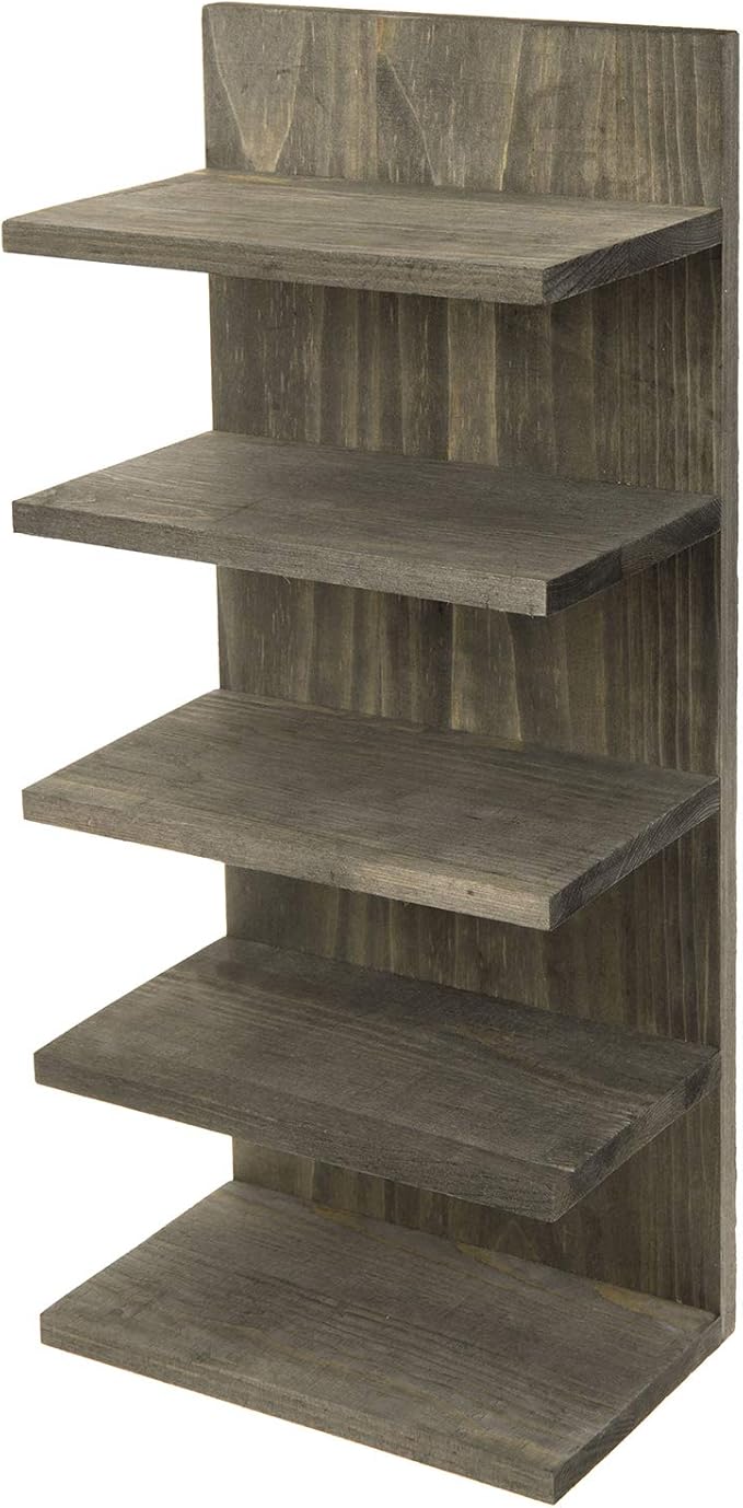 MyGift 5 Tier Vintage Gray Solid Wood Sunglasses Holder Rack, Wall Mounted Eye Glasses Shelf or Tabletop Display Stand, Retail Eyewear Showcase Storage Organizer