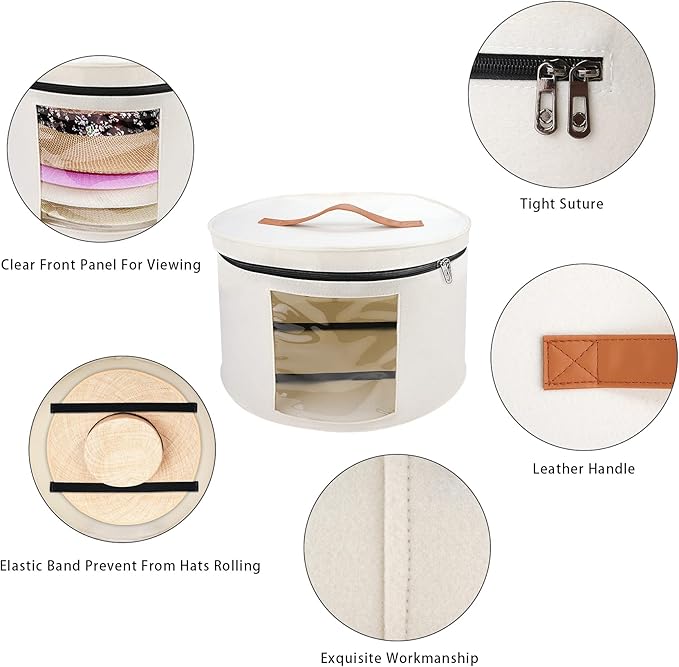 Large Hat Storage Box for Women & Men, 16" D x 10" H Hat Box Organizer，Foldable Round Travel Hat Boxes with Dustproof Lid, Stuffed Toy Storage Bin Bag (Off-white)