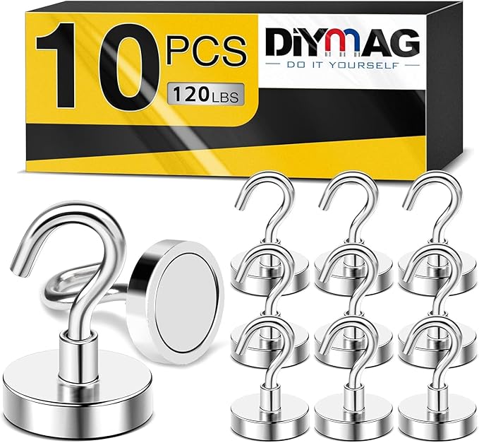 DIYMAG Magnetic Garage Hooks 10 Pack 120lbs 2026 Cruise Cabin Ship Essentials Hook Heavy Duty Strong Magnets Fridge for Classroom Wall Mount Kitchen Grills Silver
