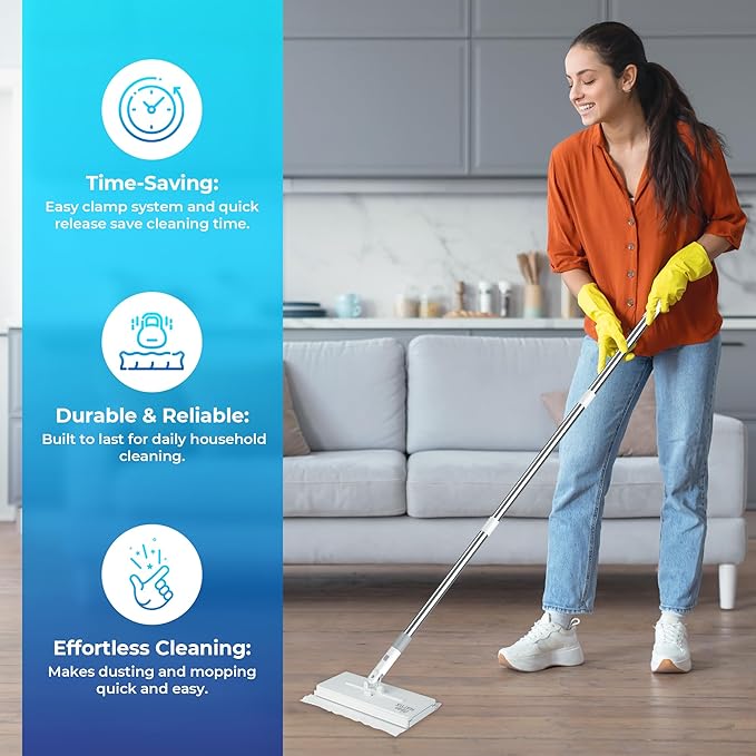 FlexiClamp Sweep & Mop Kit - Compatible with Swiffer Pads, Durable Cleaning Tool for Hardwood, Tile, Marble & Laminate Floors, Home, Kitchen Cleaning Essentials. (Include 10 Dry Cloths)