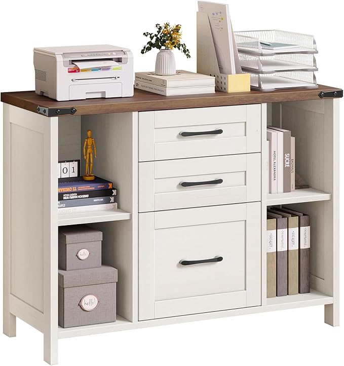 3 Drawer File Cabinet, Farmhouse Lateral Filing Cabinet Fits File Letter or A4 Size, Wooden Printer Stand with Open Storage Adjustable Shelf for Home Office, White