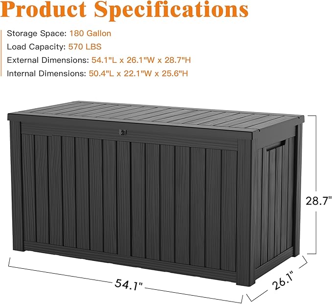 180 Gallon Outdoor Storage Box Waterproof Deck Box for Garden Tools, Lockable Storage Box for Patio Cushion Outside Package Delivery Box