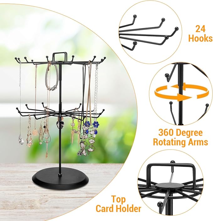 MyGift 2 Tier Black Metal Rotating Necklace tree stand for vendor & bracelet holder Jewelry Stand with 24 Hooks, Multipurpose Accessory and Keychain Spinning Display with Top Handle Card organizer