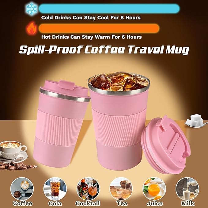Vacuum-Insulated Stainless Steel Travel Coffee Mug, Leak-Proof Reusable Coffee Cup with Lid - Keep Hot & Cold Drinks for Hours, Durable Insulated Tumbler for Men & Women(3rd-Pink, 17OZ)