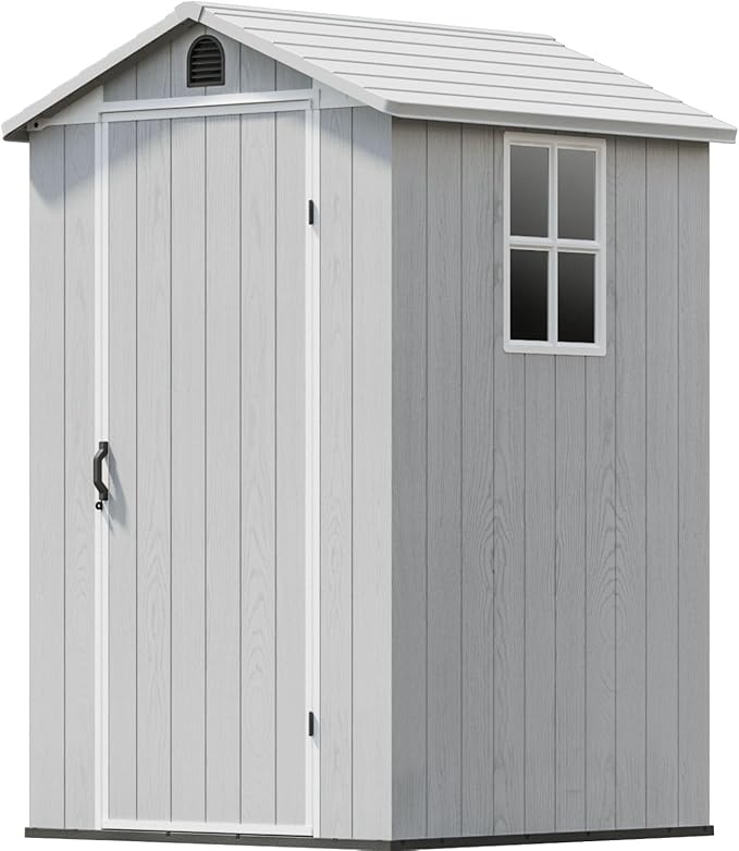 Patiowell 4 x 4 FT Plastic Outdoor Storage Shed with Floor, Garden Tool Shed with Two Windows and Single Lockable Door for Garden, Backyard, Lawn, Easy to Install, Light Grey