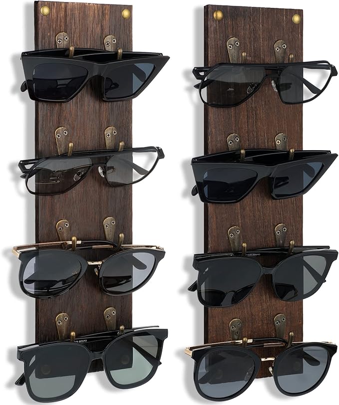 Moxweyeni Set of 2 Rustic Mounted Sunglasses Storage Organizer Wood Eyeglasses Holder Sunglass Rack Eyeglasses Display Rack with Metal Hooks Glasses Wall Decor Hanging Jewelry Organizers for Home