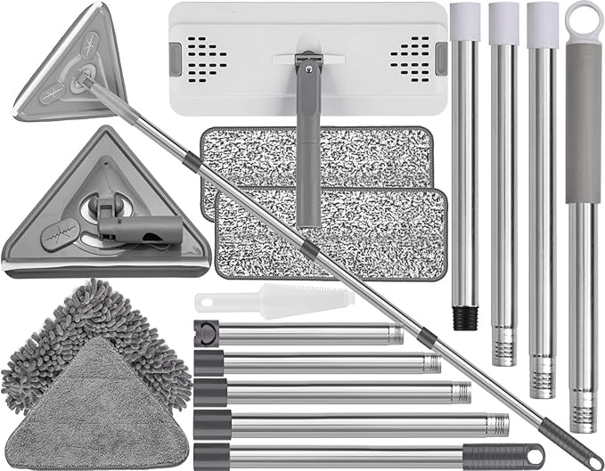 Mops for Floor Cleaning with 57" Long Handle, Wall Cleaner Mop with 84'' Handle, 2 Reusable Pads, Wet and Dust Mopping for Hardwood, Laminate, Tile Floor, Wall, Ceiling, 7Pcs Gray