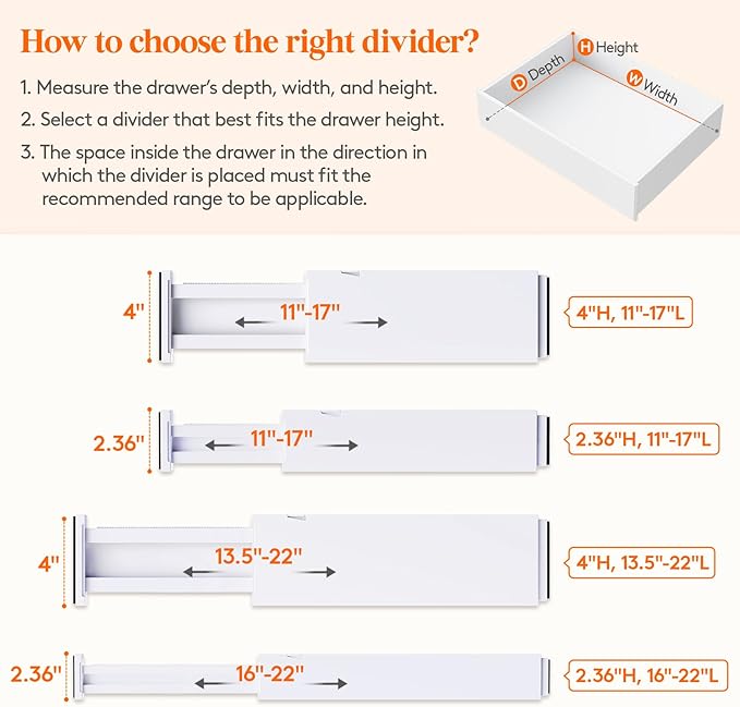 Lifewit 4 Pack 4" High Drawer Dividers 28-43.5cm/11-17" Adjustable Drawer Organizer for Clothes/Utensils, Expandable Drawer Separator in Dresser/Kitchen/Bedroom/Office Organization & Storage White