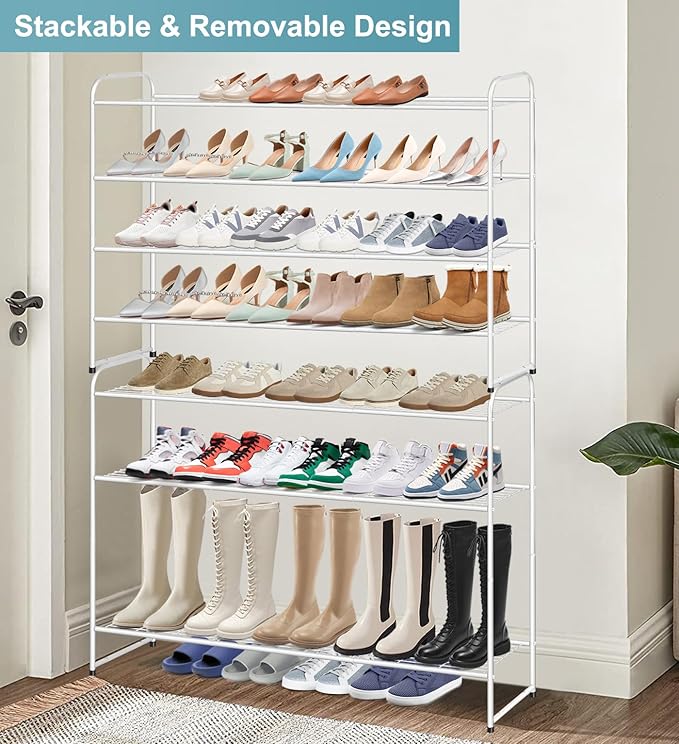 AOODA 4 Tier Long Metal Shoe Rack for Closet Wide Stackable Shoe Storage Organizer for Entryway, Bedroom, Floor, Holds 30 Pairs Men Sneakers Large Boot Shelf with Wire Grid, White