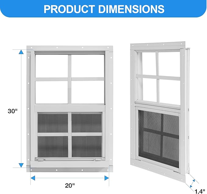 NeatiEase Upgraded Shed Windows 2 Pack, 20" x 30" Windows with Tempered Glass and Stainless Steel Screen for Shed, Chicken Coop, Playhouse, Household, Garage(White)