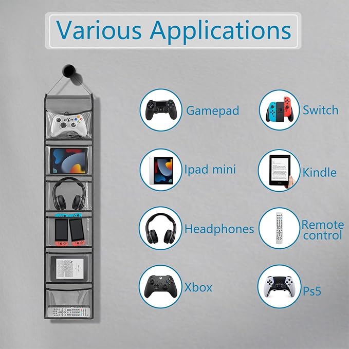 Hanging Controller Holder Classroom Headset Headphone Storage Bag Switch Game Organizer for Gaming Accessories Electronic Supplies X-box PS5 PS4 (6 Pockets)