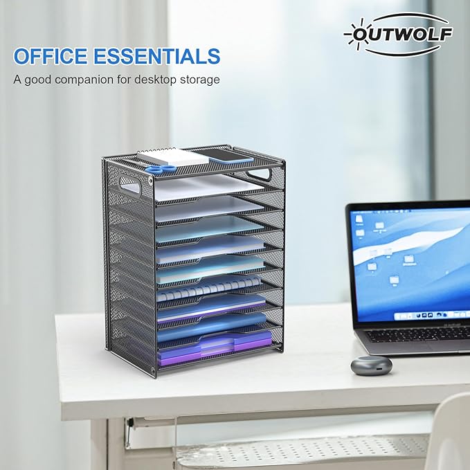 OUTWOLF 10 Tier Paper Organizer - Letter Tray Mesh Desk File Organizer with Handles for Office School Desktop, Black