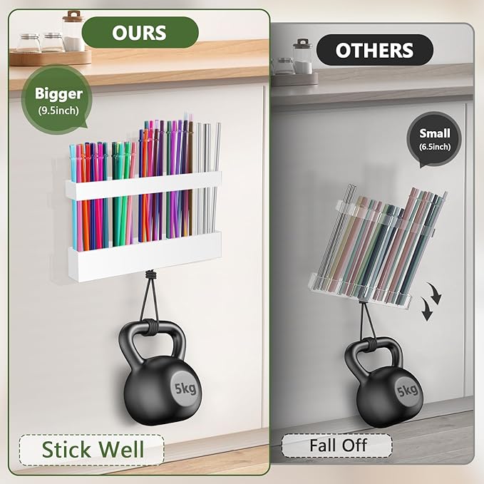 9.5” Large Acrylic Straw Holder for Cabinet Door - Reusable Tumbler Straw Organizer Storage, Small Kitchen Accessories Container, Ultra Sticky Cupboard Door Mounted (White)