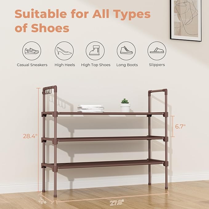 3 Tier Shoe Rack for Closet Shoe Organizer with 5 Hooks, Long Shoe Shelf Storage for Shoe and Boot Stackable Free Standing Shoe Rack for Entryway, Garage, Small Spaces, Dorm, Brown
