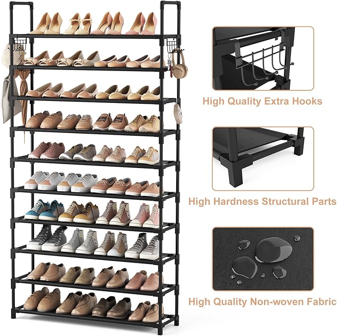VTRIN 10 Tier Shoe Rack Tall Large Capacity 50 Pair Wide Shoe Organizer with Two Hooks Sturdy Metal Shoe Shelf for Entryway, Closet, Bedroom