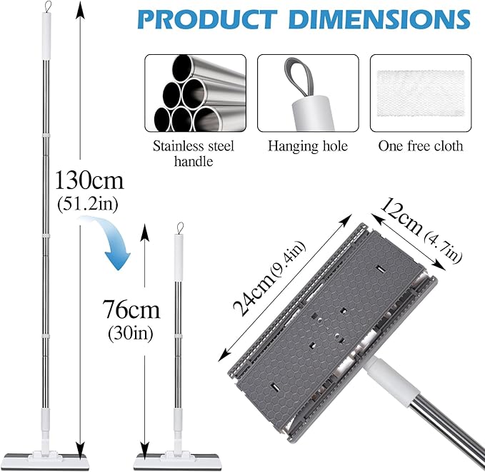 Mini Sweeper Mop,Masthome Reusable Clamp Mop with 50 " Stainless Steel Handle,1 Second Installation,Flat Dust Mops for House Wall,Bathroom, Windows, Corners, Includes 1 Sweeping Cloth
