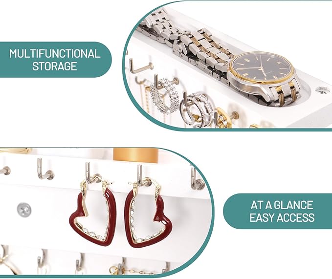 Necklace Holder Organizer Wall Mount,Jewelry Holder Organizer with 30 Hooks,Oak Jewelry Organizer and Storage for Necklaces,Bracelets and Rings (White)