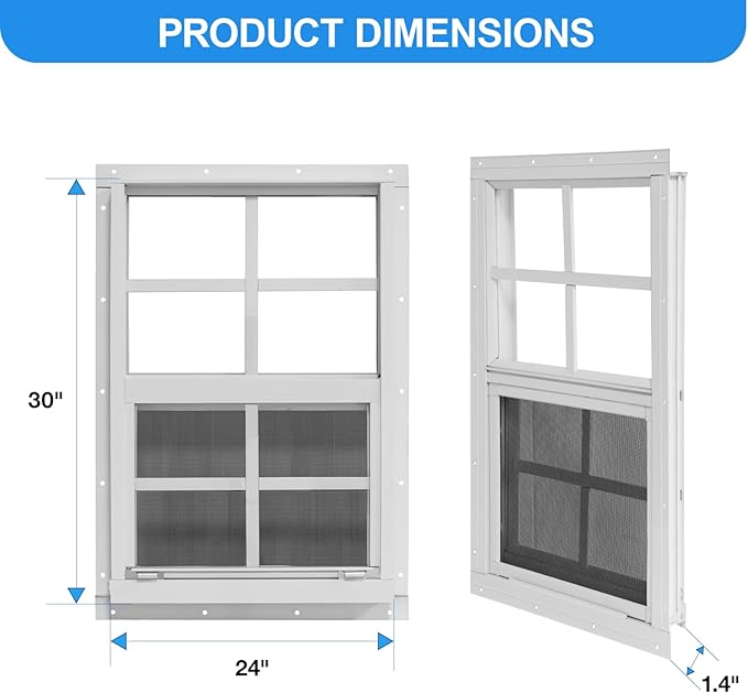 NeatiEase Upgraded Shed Windows 2 Pack, 24" x 30" Windows with Tempered Glass and Stainless Steel Screen for Shed, Chicken Coop, Playhouse, Household, Garage(White)