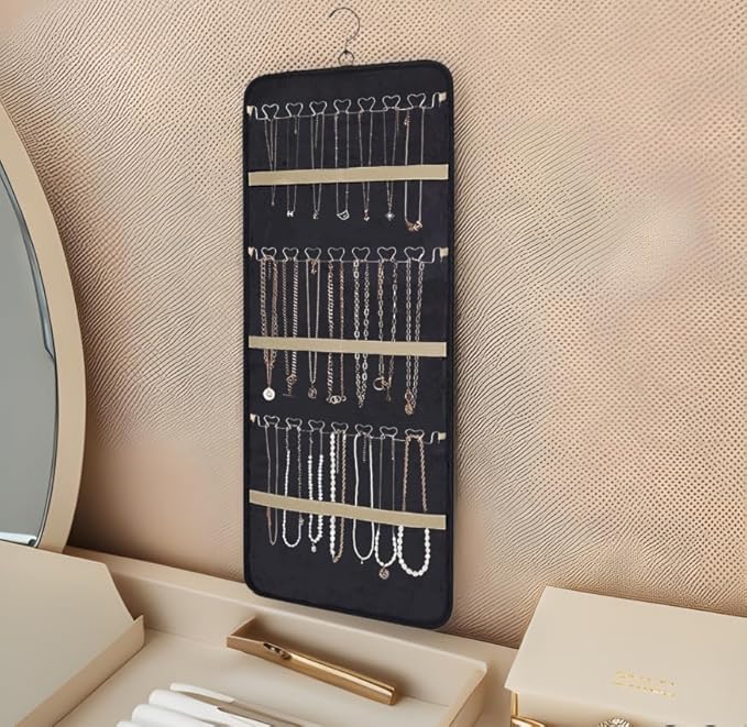 Jewelry Organizer Hanging Storage Roll-Large Closet Wall Jewelry Storage Organizer with Hanger Metal Hooks Travel Jewelry Holder for Earrings, Necklaces, Rings (Black)
