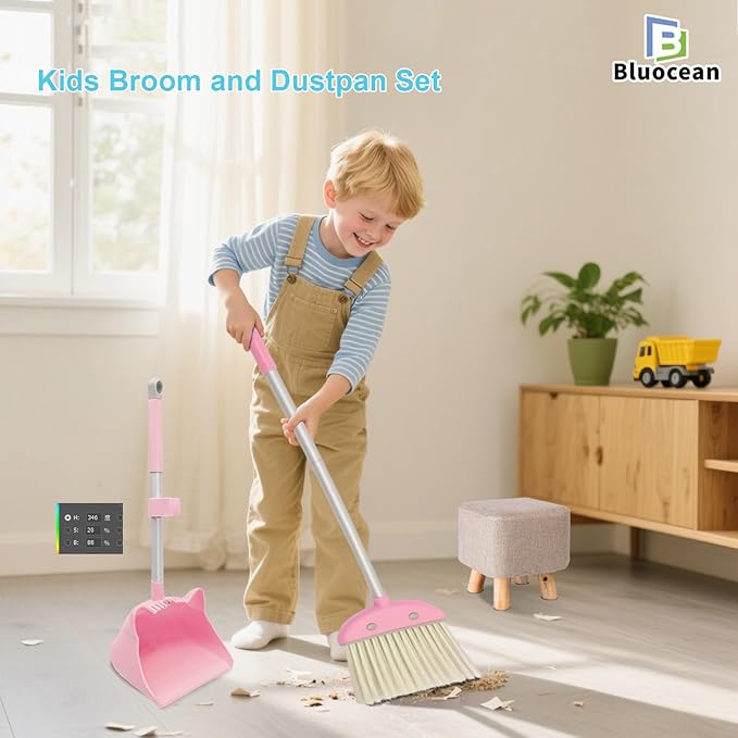 28'' Kids Mini Broom and Dustpan Set - Toddler Cleaning Toy, Toddler Household Helper, Parent-Child Interactive Play Cleaning Tool, Cute Cartoon Design, Small Safe Corner Broom (Pink Puff)