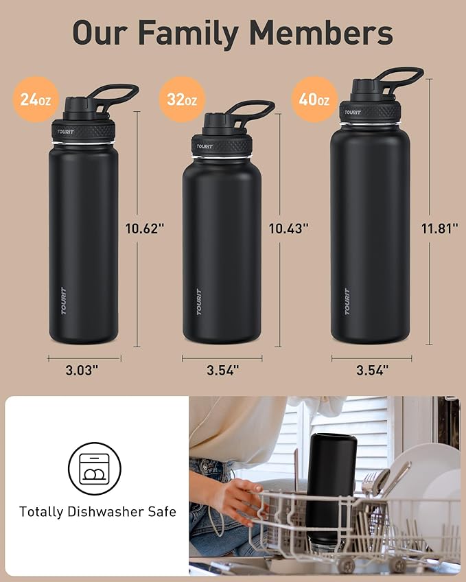 TOURIT 24 oz Insulated Water Bottle, Stainless Steel Sports Water Bottles With Top Handle, Double-Wall Travel Thermal Water Flask, BPA Free Leakproof Water Bottle for Sports, Glacial White