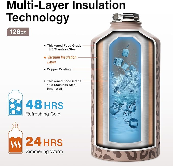 1 Gallon Water Bottle Insulated | Thickened Stainless Steel Vacuum Metal Water Jug | Portable Sports Large for Gym and Hiking with Straw, Carrier Bag, Handle Strap | BPA-Free 128 oz