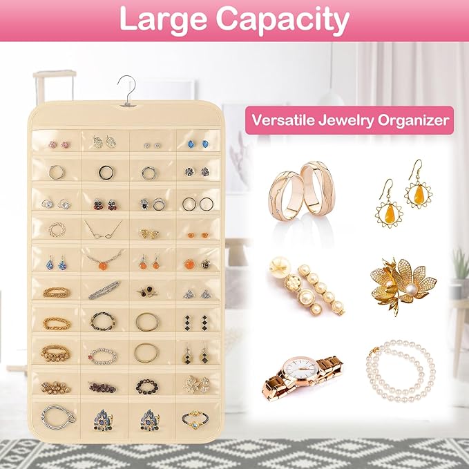 Hanging Jewelry Organizer for Closet with Swiveling Hanger, 17 x 30 In, 80 Clear Pockets Jewelry Organizer Hanging for Jewelries, Earrings, Accessories (Beige) (3, Beige)