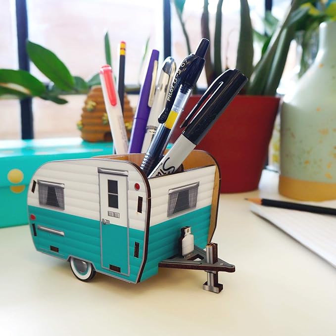 Genuine Fred HAPPY CAMPER Vintage Camper Pencil Holder, White and Blue, Retro Desk Organizer- Great Gift for Coworkers and Travel Enthusiasts - Functional Desk & Cubicle Accessory