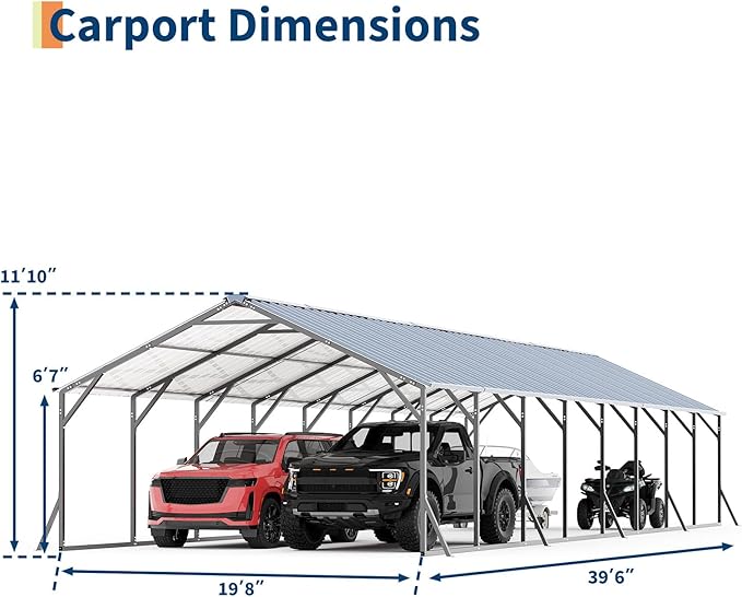 GarveeLife 20'X40'x12' Metal Carport for Multiple Vehicles, Heavy Duty Steel Car Ports, Vertical Roof Design, for All-Weather, for Full-Size Pickup Trucks, Boats, and Tractors