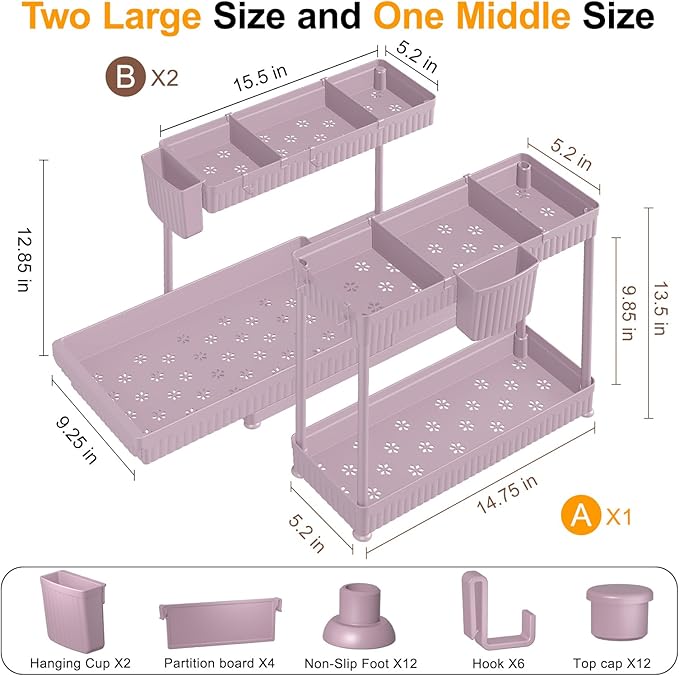 3 Pack Multi-Purpose Under Sink Organizers and Storage, 2026 L-Shaped Pull Out Cabinet Organizer for Bathroom & Kitchen, Under Cabinet Organizer with Hooks Hanging Cup, Pink