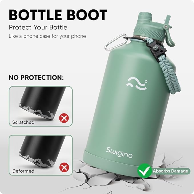 [2-IN-1 LID] Gallon Insulated Water Bottle with Silicone Boot (48hrs Cold/24hrs Hot) - DIY Stickers, Leakproof, BPA Free, 128 oz