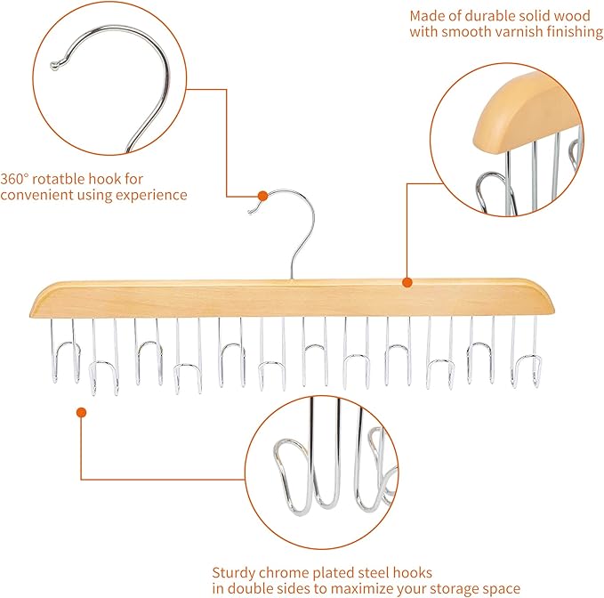 Amazon Basics Wooden Belt Hanger Closet Organizer, Multifunctional, Smooth Finish, Natural, 2-Pack